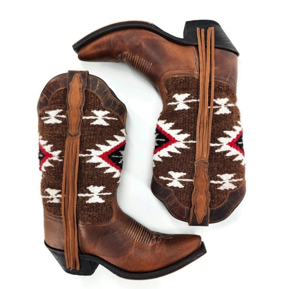 Laredo Bailey Honey Brown Leather Woven Southwestern Print Western Cowboy Boots - Picture 10 of 15